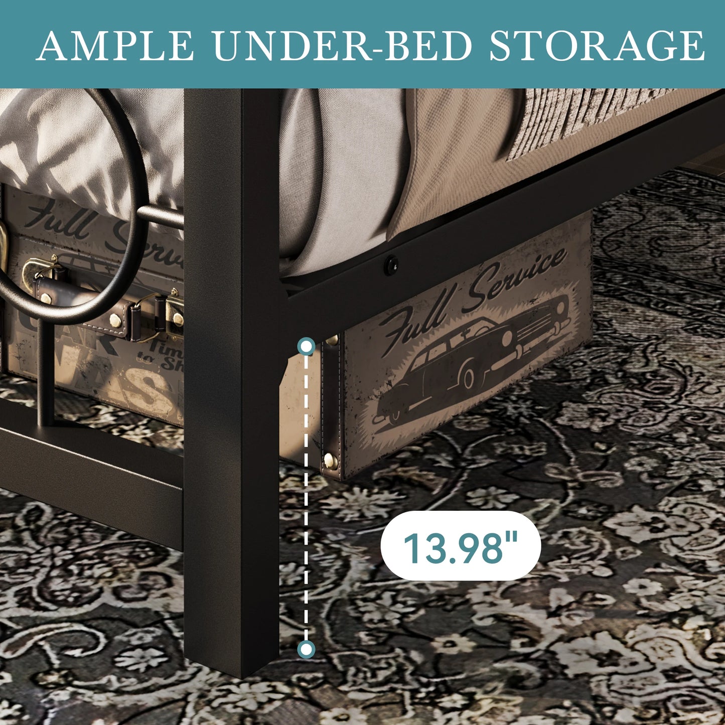Metal Platform Bed Frame with Vintage  Design Headboard and FootboardUnder-Bed Storage