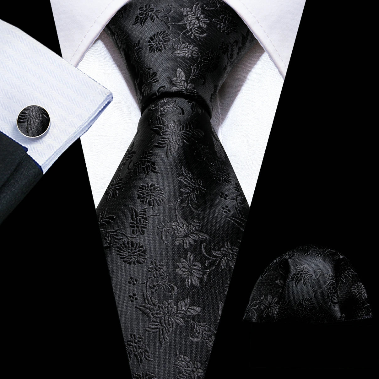 Black White Gray Silver Men Tie Handkerchief Cufflinks Set.