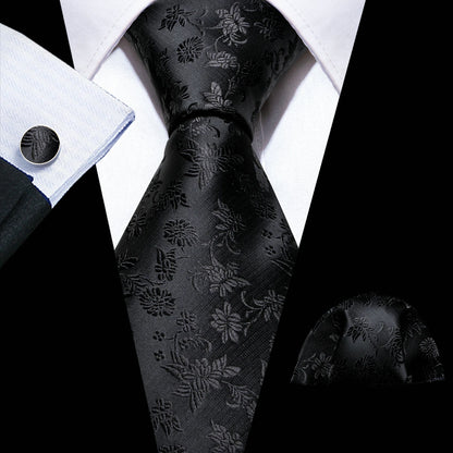 Black White Gray Silver Men Tie Handkerchief Cufflinks Set.