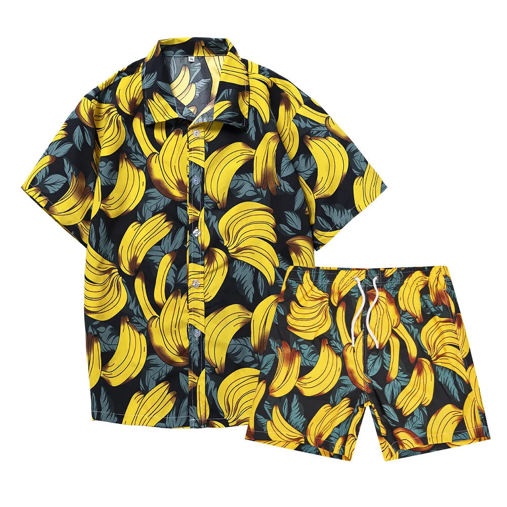 Hawaii collection beach style 2Pcs set 3D banana print summer suit short sleeve Shirt beach pants set.