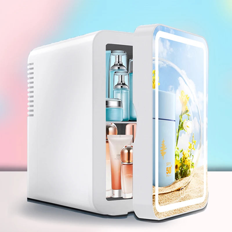 6L mirror beauty makeup refrigerator, skin cosmetics care hot and cold storage, portable LED mini refrigerator.