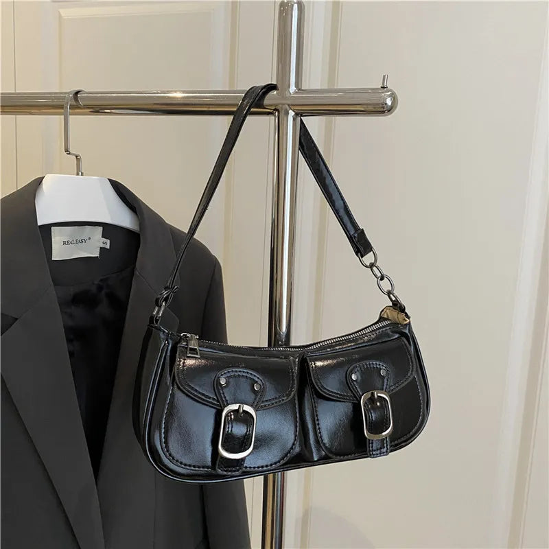 Fashion Pu Leather Women's Shoulder Bag, Small Double Pocket Design Ladies Underarm Bags Y2k. Vintage Female Handbags Clutch Purse