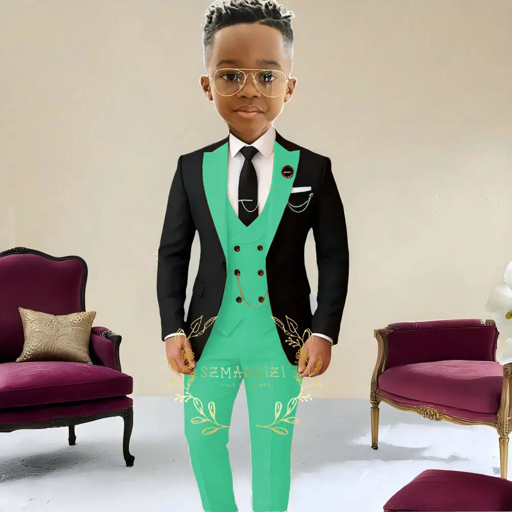 Boys Suit , Tuxedo Black Jacket, Beige Pants ,Vest 3 Pieces Set Kids 2-16 Years Old.
