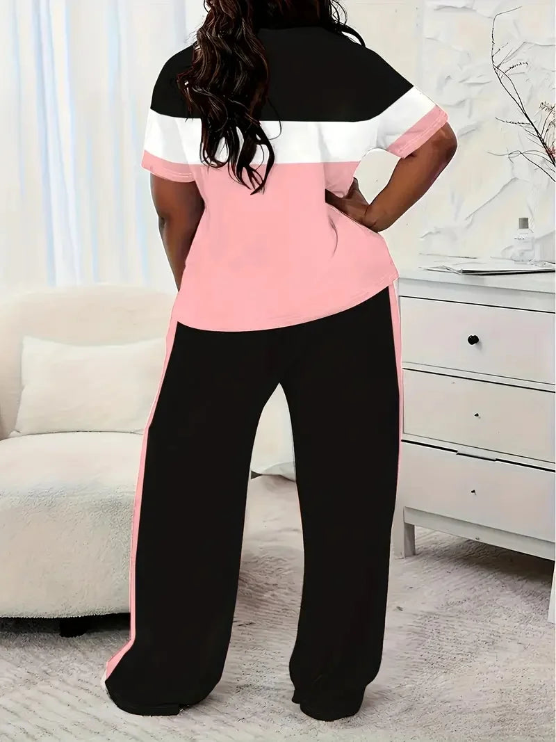 Plus Size Women's Casual Short-Sleeved Striped Printed Loose Pocket Pants Suit