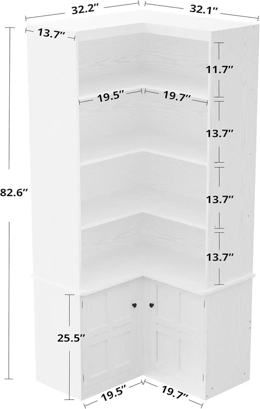 Corner Bookshelf with Doors, 6 Tier Bookcase with Storage, Corner Shelf with Cabinet, Large Bookshelf for Living Room.