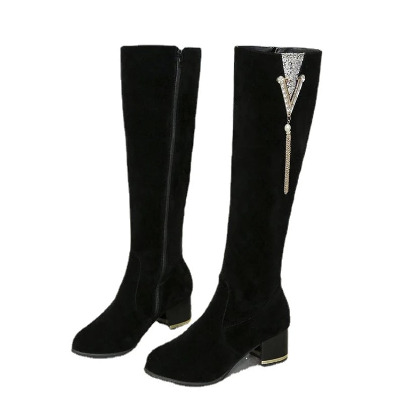Women Side Zipper Long Boots Thick Heels.