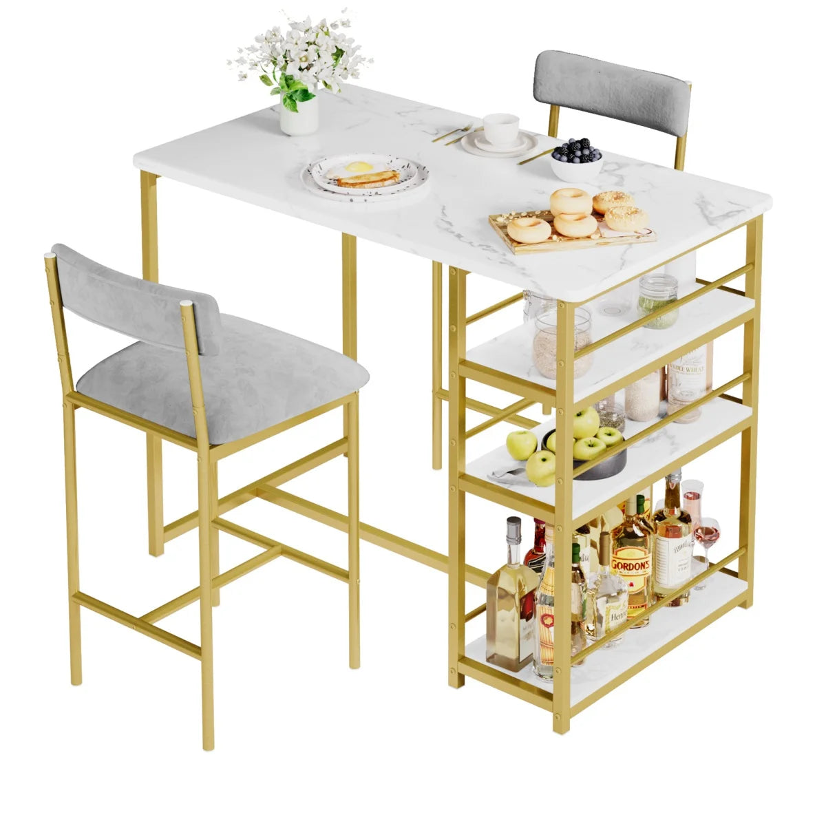 2-Person Dining Table Set, Bar Table with 2 Upholstered Chairs, & 3 Storage Shelves, Small Space Kitchen Table for Apartment.