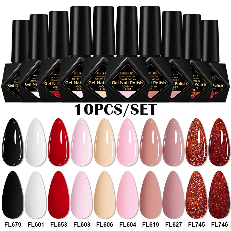 10pcs 10ml Gel Nail Polish Set, HEMA TPO Free, Red ,Coffee Brown, Semi Permanent Soak Off ,UV Gel Varnish For Winter Nail Supplies.