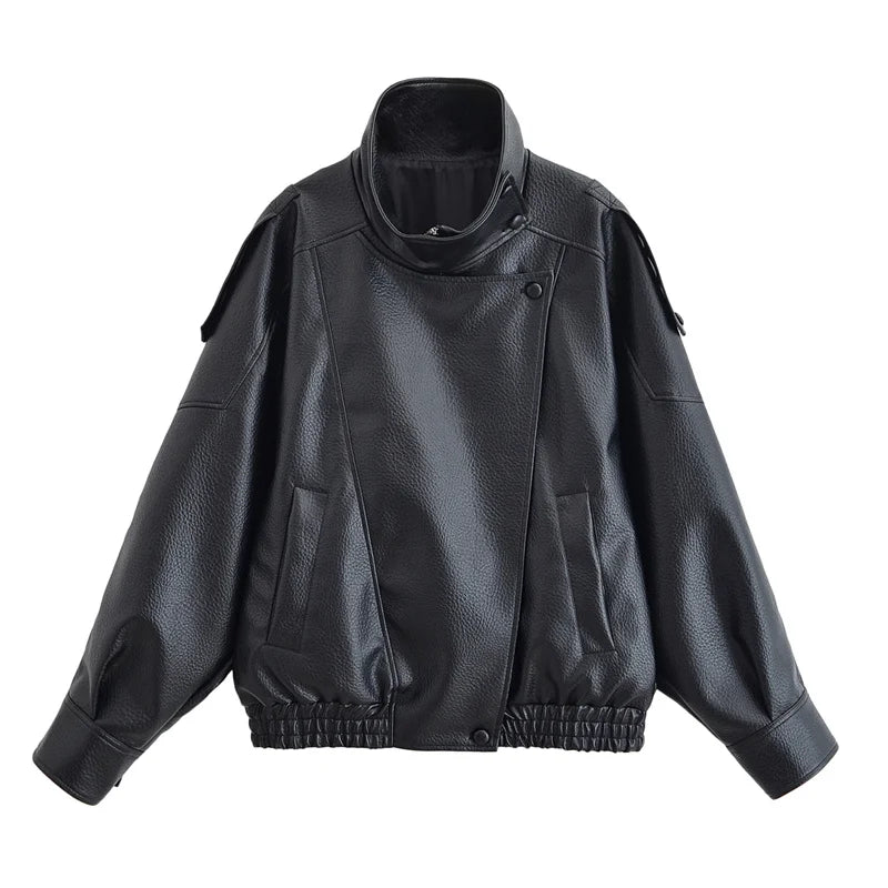 Women Fall 2025 New Black Long Sleeve Pebble Faux Leather Jacket.
