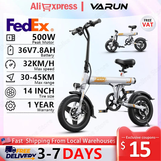 C14-1 Foldable E-bike 500 Peak Motor, 36V7.8AH Battery, Dual Discs Brakes, One Year Warranty Adult E-bicycle.