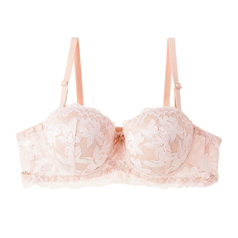 Women's Push Up Half Cup Bras, French Lace Floral Thicken Bottom, Gathered Underwire 36-42 Cup Soft Underwear.