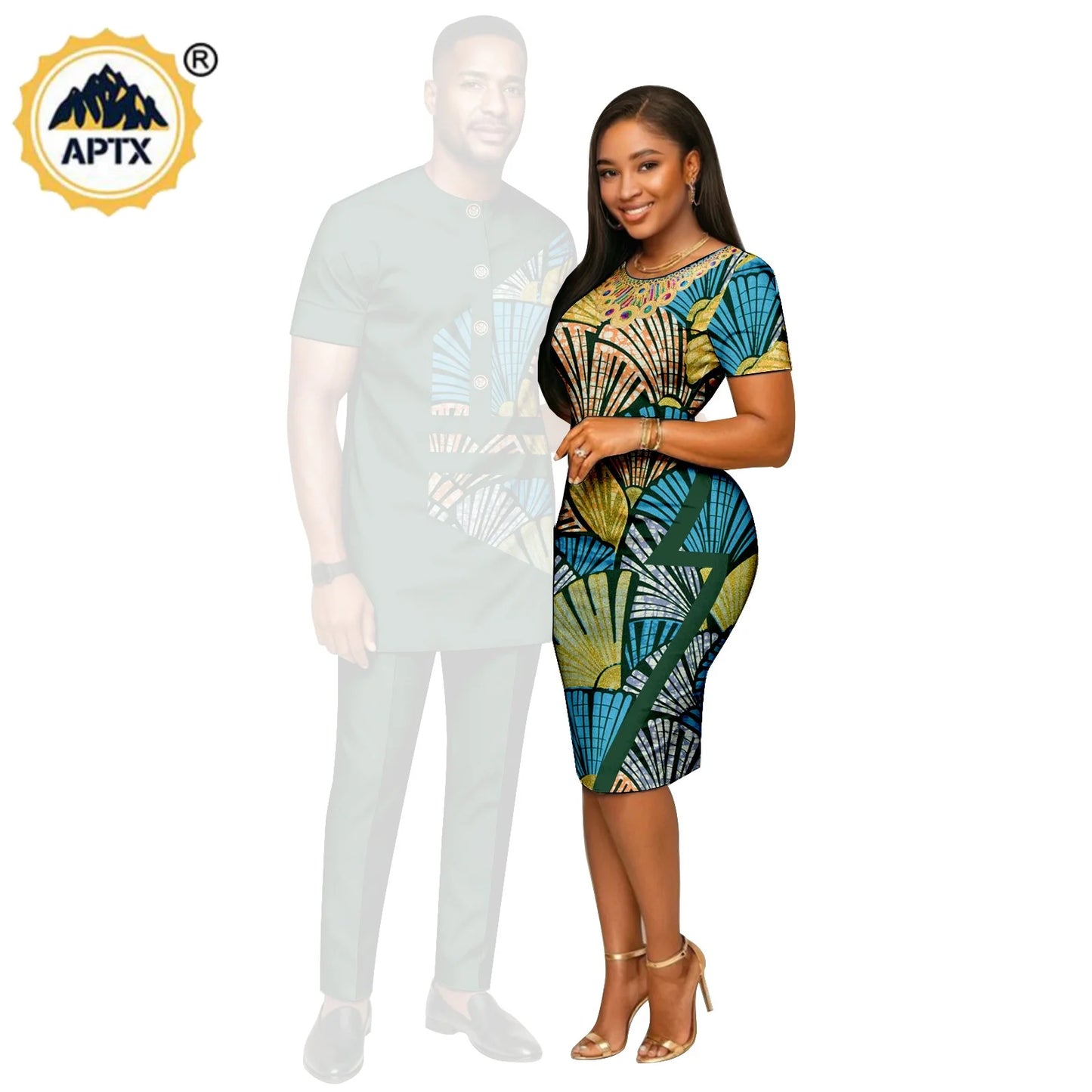 African Print Slim Hip Knee-length Dresses for Women, Matching Couple Outfits Dashiki Men Patchwork Top and Pant Sets 26C019.