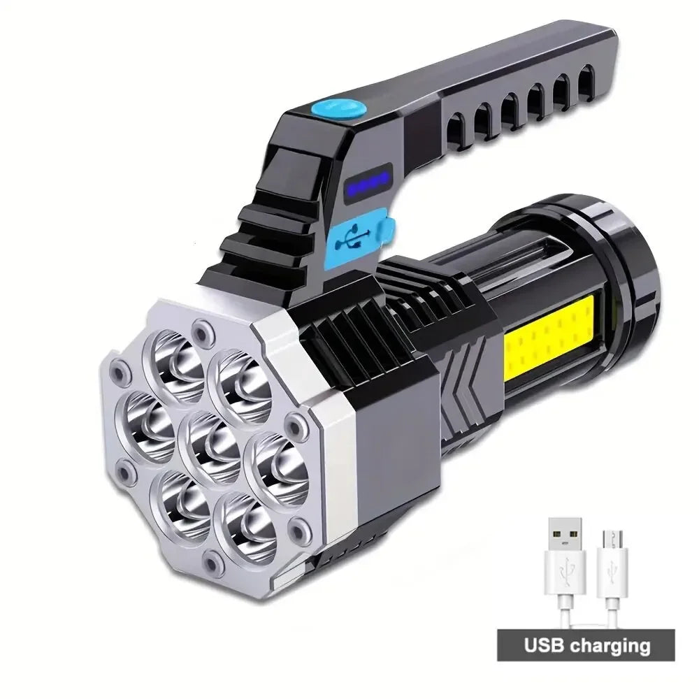 7LED High-Power Flashlight With USB Charging, COB Side Light - Suitable For Fishing, Camping, Hiking.
