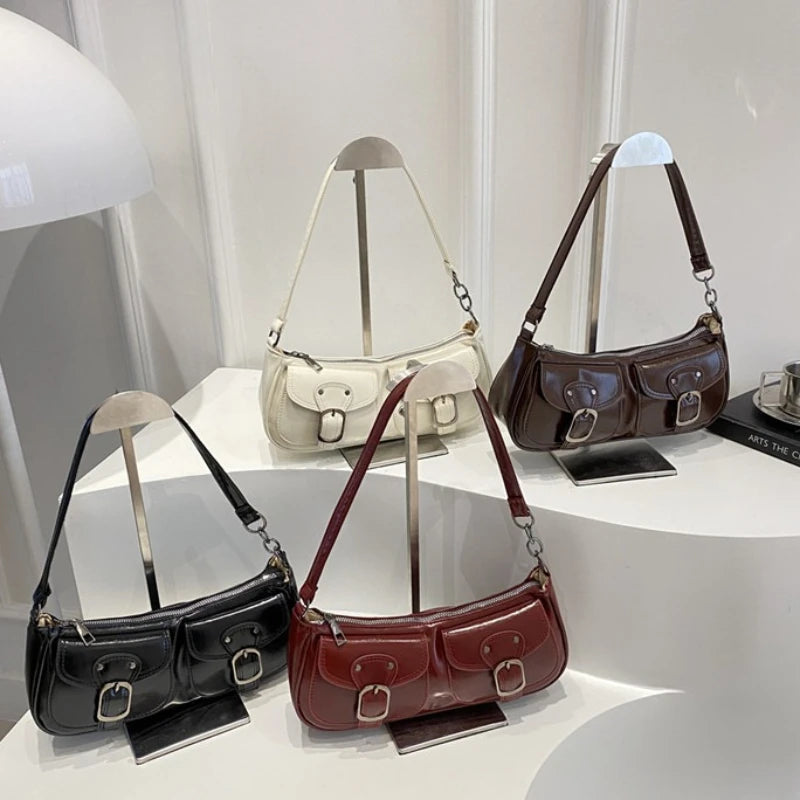 Fashion Pu Leather Women's Shoulder Bag, Small Double Pocket Design Ladies Underarm Bags Y2k. Vintage Female Handbags Clutch Purse