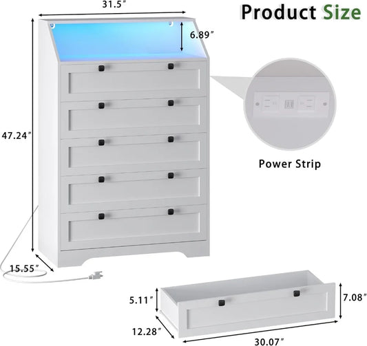5 Drawer LED Dresser with Charging Station, Modern Wood Storage Cabinet for Bedroom Living Room.