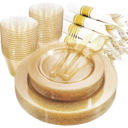 112Pcs Gold Glitter Plastic Plates  Disposable 16 Dessert Plates 16 Din