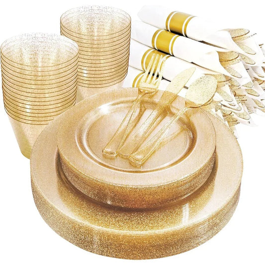 112Pcs Gold Glitter Plastic Plates  Disposable 16 Dessert Plates 16 Din