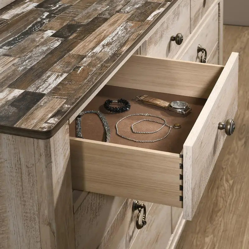 Contemporary White Wash Finish 6-Piece Bedroom Set: King Bed, Dresser & Mirror, 2 Nightstands, Chest