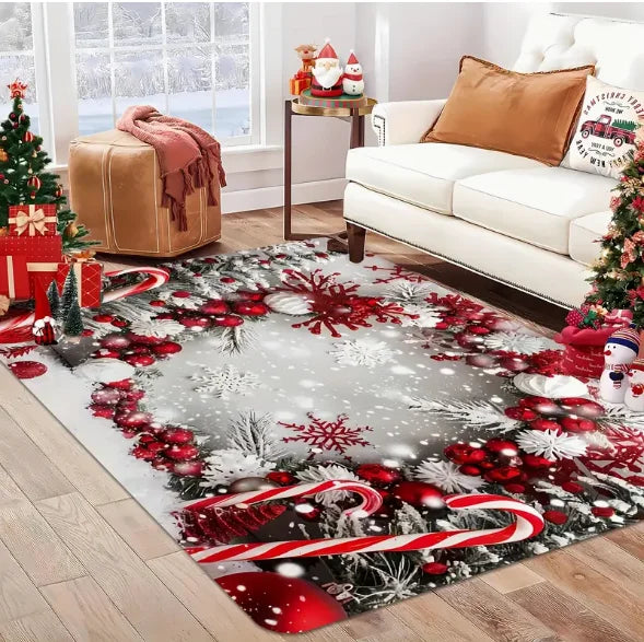 Christmas House Snowflake Area Mat, Red with Gold and White Snowflakes.