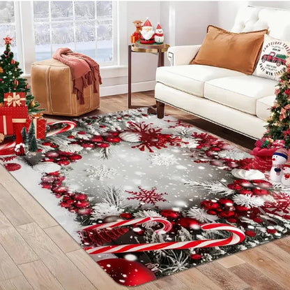 Christmas House Snowflake Area Mat, Red with Gold and White Snowflakes.