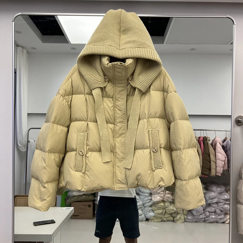 Winter Short Knitted Hooded Down Jacket   Female Zipper Puff Jackets