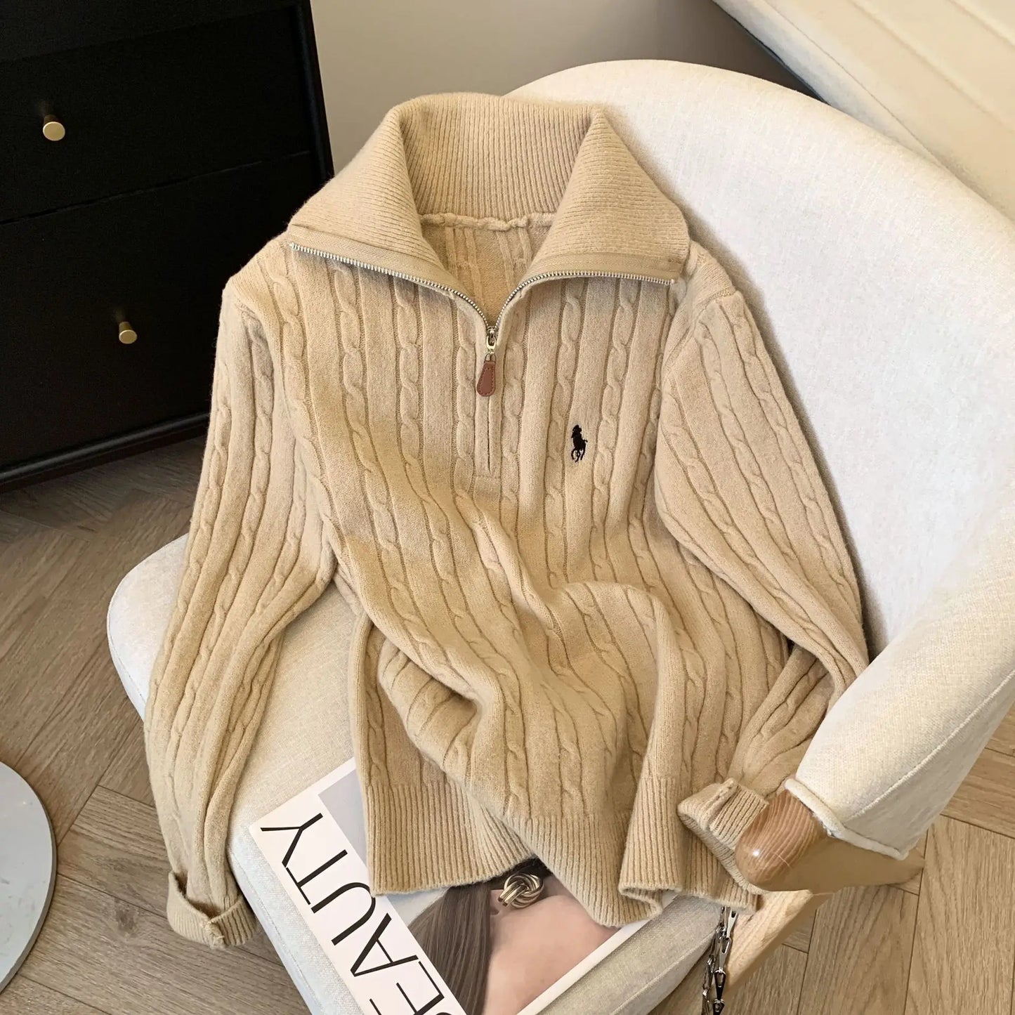 Slimming Effect Loose Fit Polo Neck ,Half Zip Sweater New Arrival!!!!