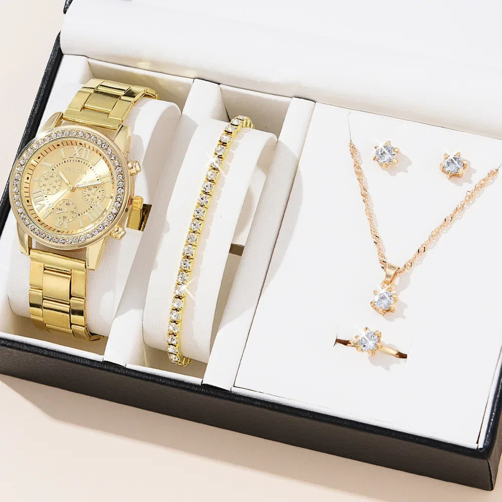 Women Quartz Watch Luxury Diamonds, Simple Stainless Steel Strap, Ring, Necklace, Earrings.
