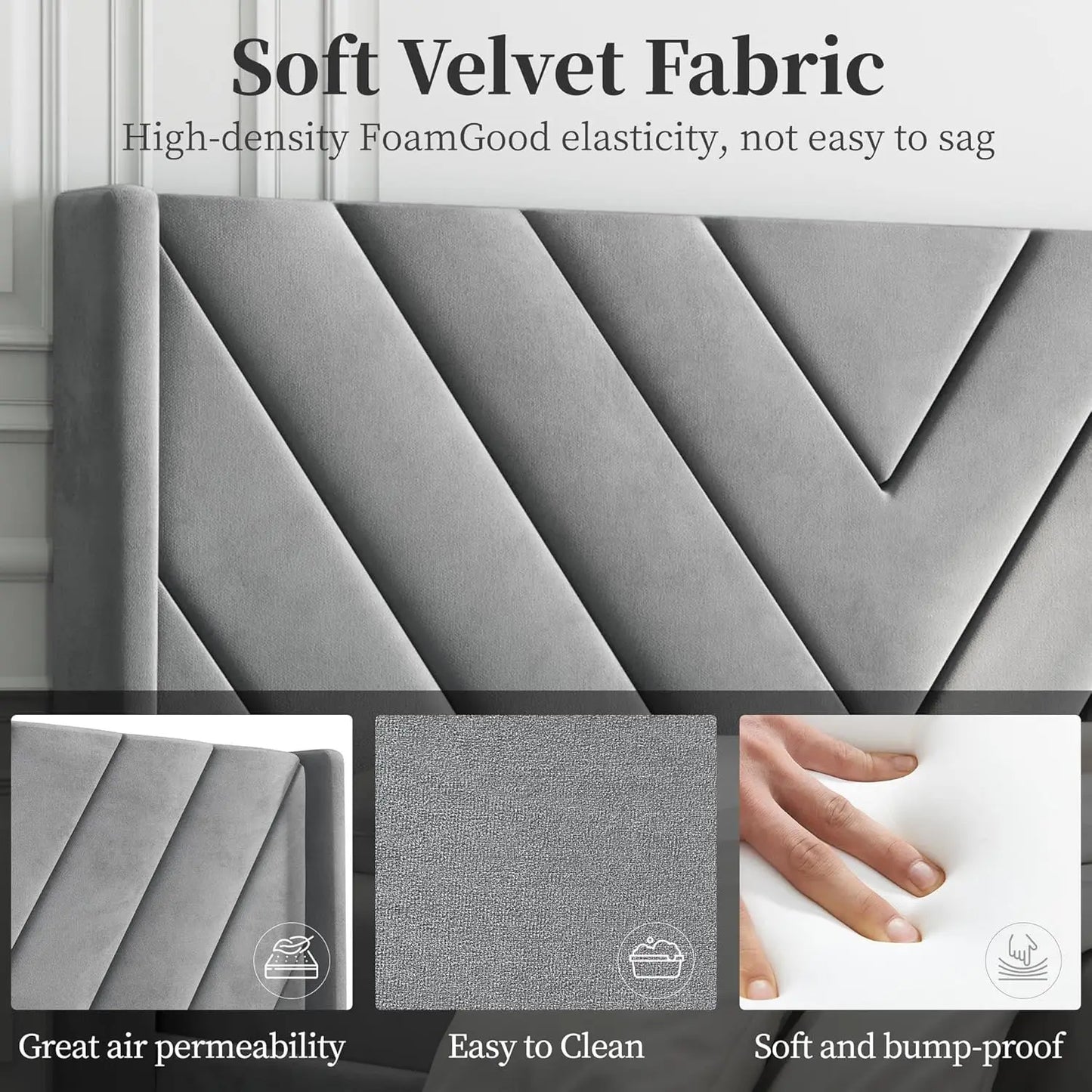 Queen Bed Frame Upholstered Platform Wooden Slat Support with Wing Side