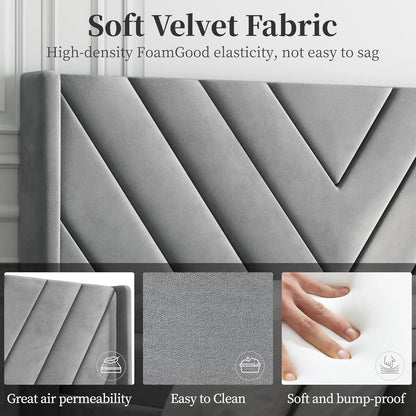 Queen Bed Frame Upholstered Platform Wooden Slat Support with Wing Side