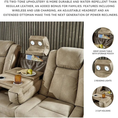 Power Reclining Sofa with Wireless Charging,  Water-Repellent