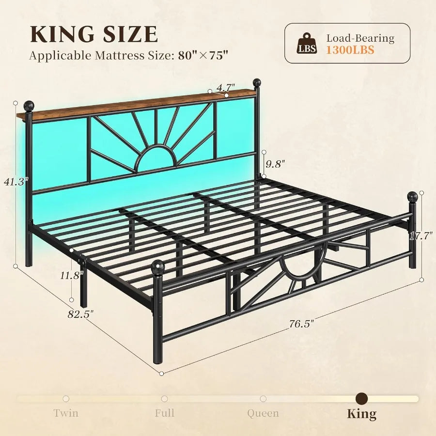 Metal King Bed Frame and Headboard Footboard ,with LED Light Mattress Foundation, with Under Bed Storage.