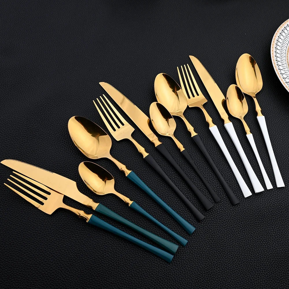 16Pcs Dinnerware Set, Stainless Steel, Western Black, Set  Spoon ,Fork, Knife Tableware.