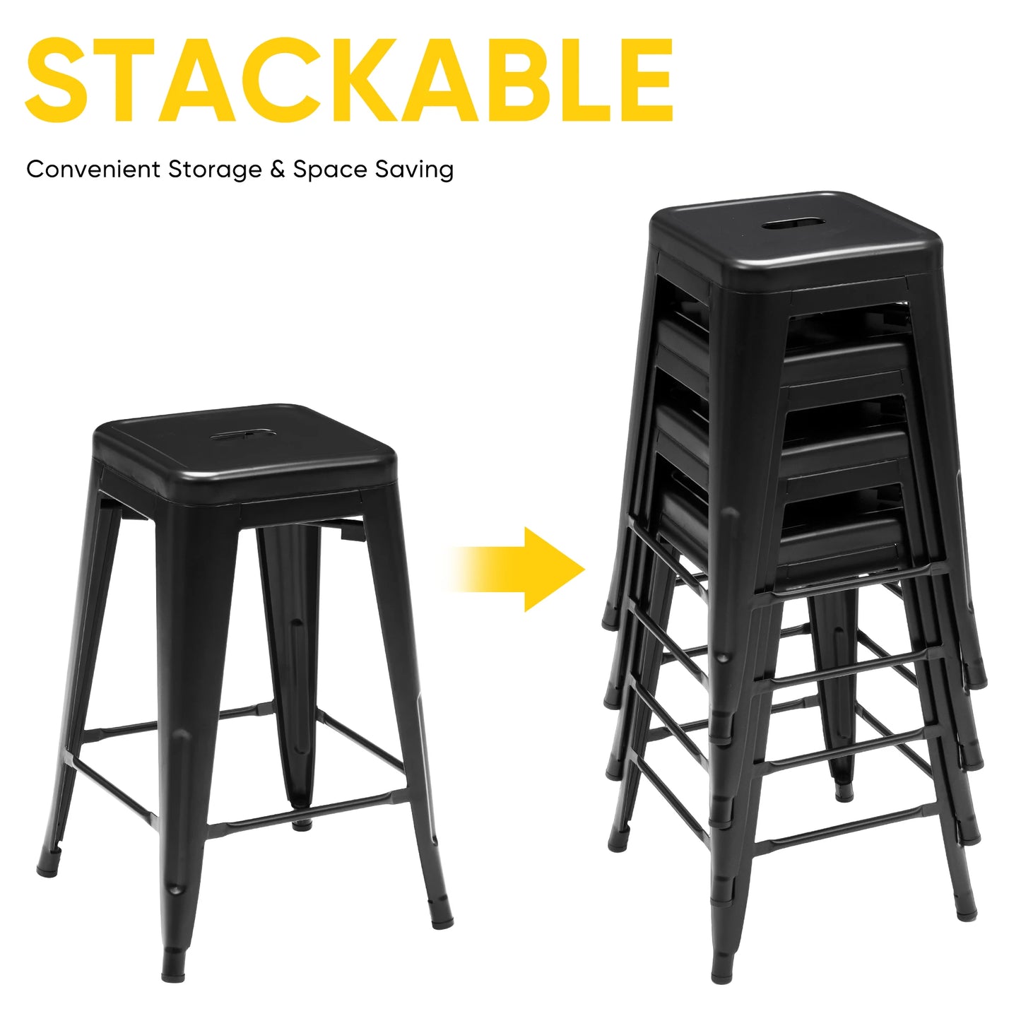 JHK 24 IN Metal Bar Stools, Set of 4 Stackable Stools, No Assembly Required.