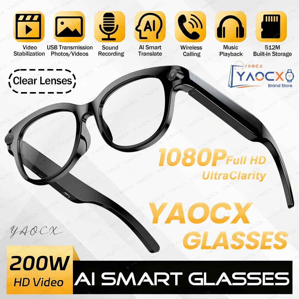 New 200W HD Camera Smart Glasses, AI Assistant Photo Recognition, Video Recording, 290mAh 512M Storage Smart Sunglasses.