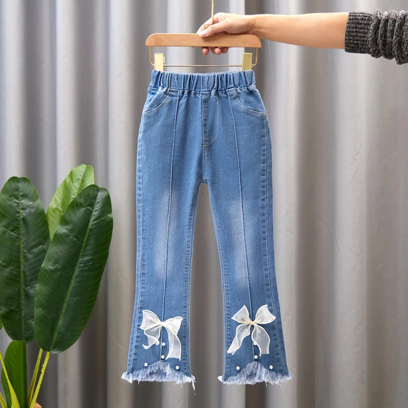 2024 New Autumn Elastic Kids Jeans, Girls Cute Leisure Bow Denim Children Flared Pants.