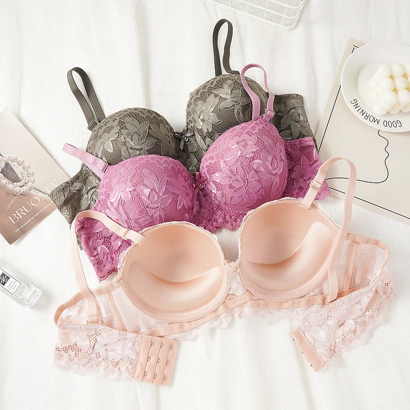 Women's Push Up Half Cup Bras, French Lace Floral Thicken Bottom, Gathered Underwire 36-42 Cup Soft Underwear.