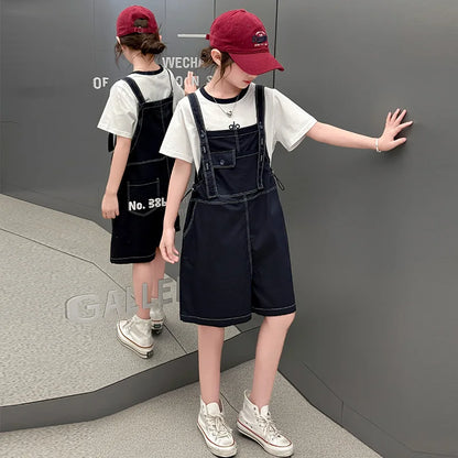 Girls Fashion Denim Overalls Medium, Big Children's Casual Loose Denim