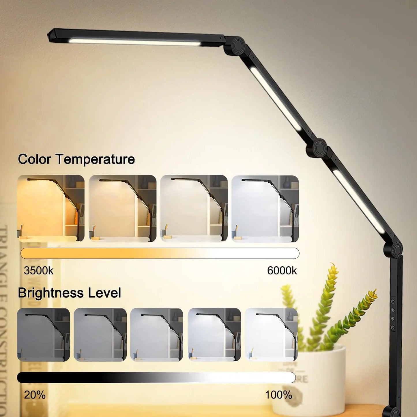 LED Desk Lamp with  Flexible 4 sections Swing Arm  4 Color Modes & 5 Brightness