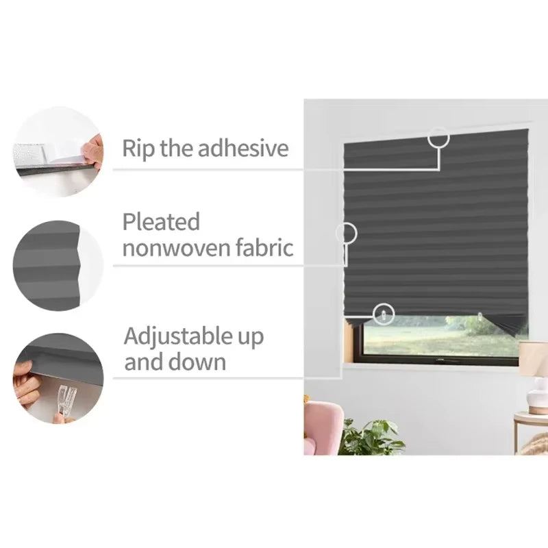 Self-adhesive Pleated Blinds, for Bathroom, Balcony Shades Half Blackout.
