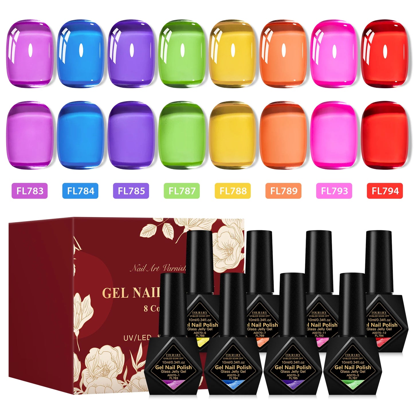 8pcs 10ml Jelly Glass Gel Nail Polish Set, Semi-transparent Red ,Purple Gel Polish Varnish, Nail Art Semi Permanent UV Gel Varnish.