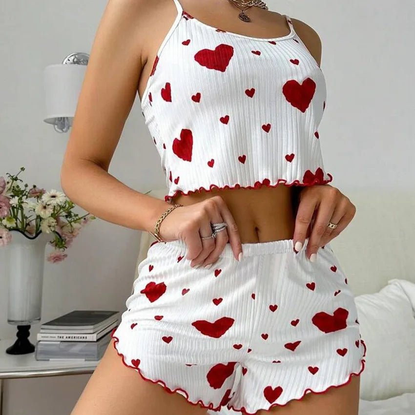 2 Pieces Set Women Pajama Shorts Sexy Camisoles Sleepwear.