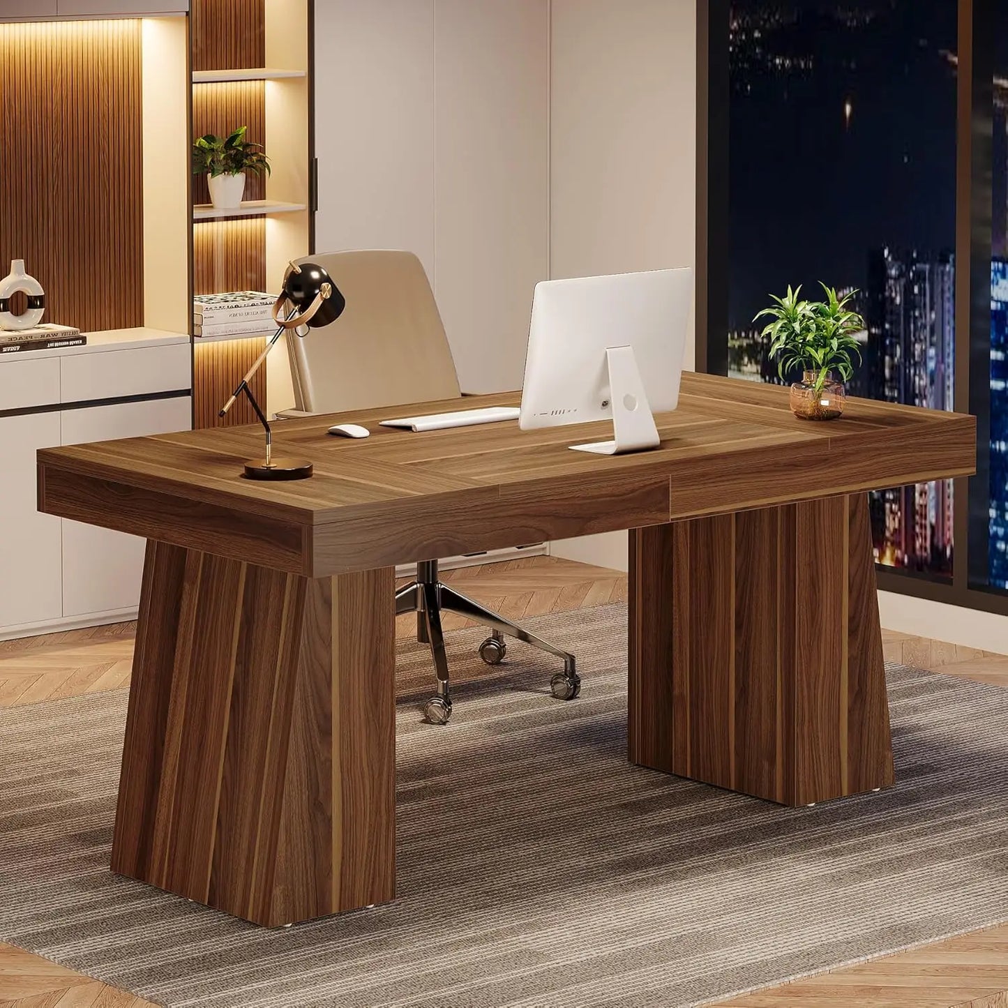 Executive Desk, Modern Home Office Desk with Trapezoid Base, Wood Computer Desk Workstation Small Conference Table.