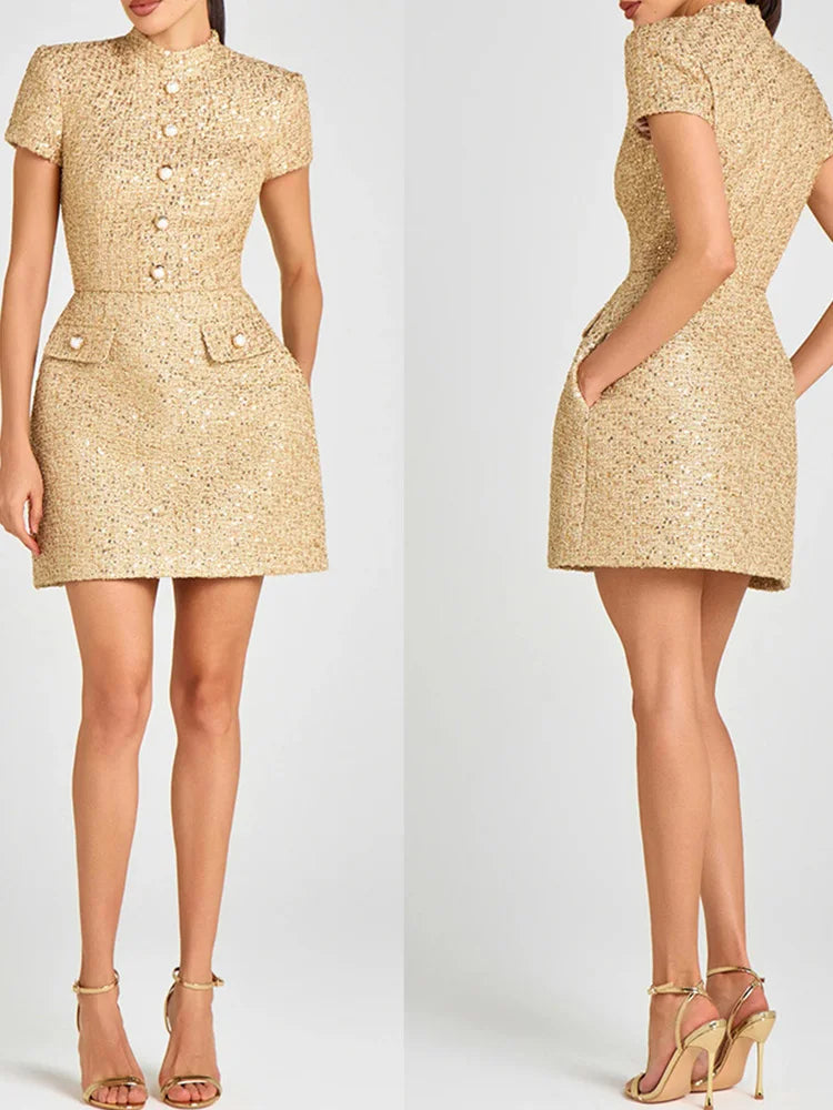 Elegant Dress for Women Vintage Short Sleeve Dresses, Solid Button Stand Collar Mini 2026 New Spring Summer Dress