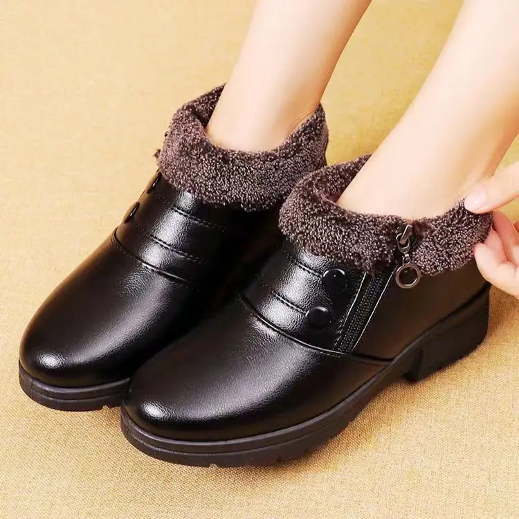 Winter Thickened Slip-On Fleece Lined Cotton Shoes, Warm Anti-Slip Flat Bottom Grandma Shoes Comfortable Rubber Sole.