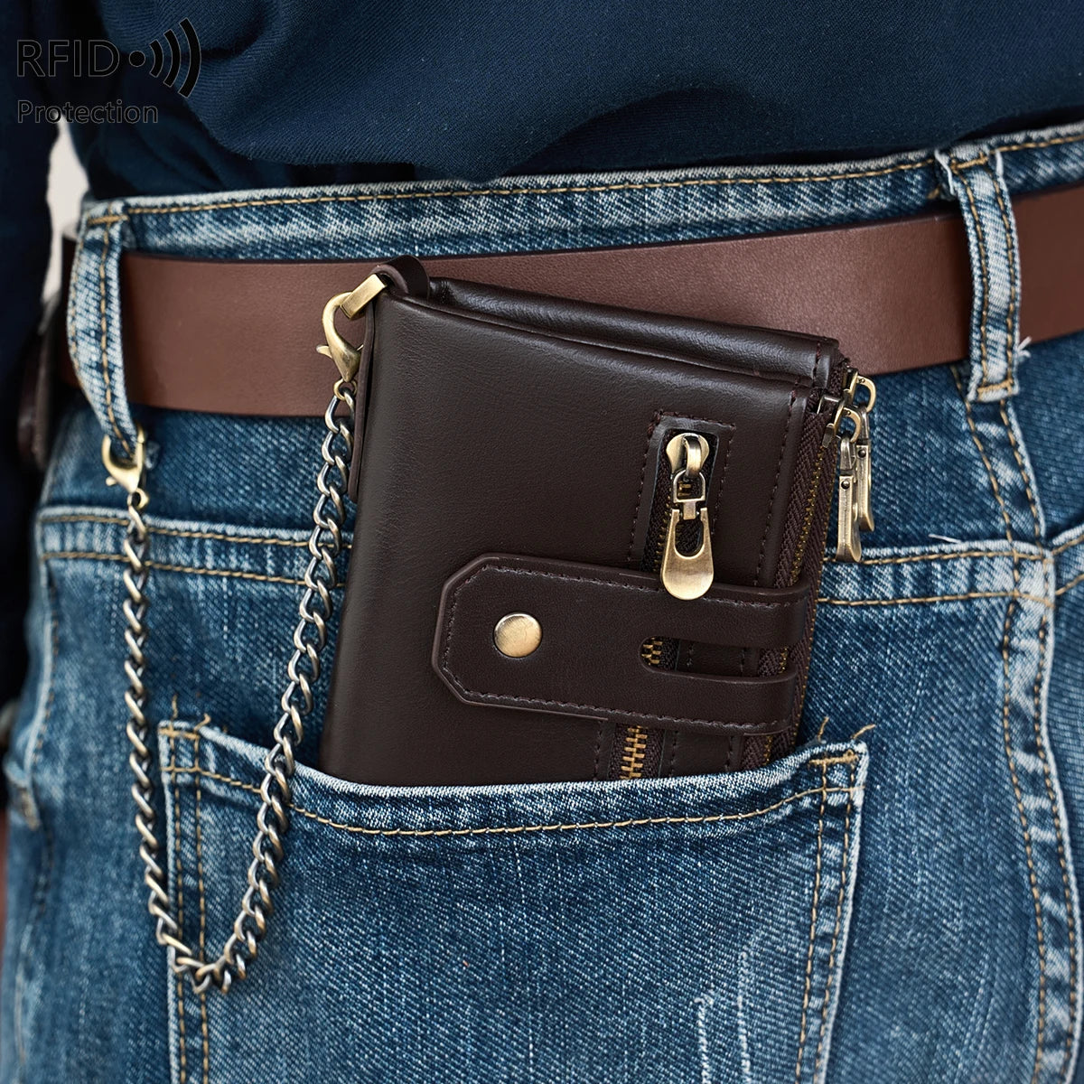 Double Zipper Wallet for Men, Multi-Card, Three-Fold Wallet with Chain.