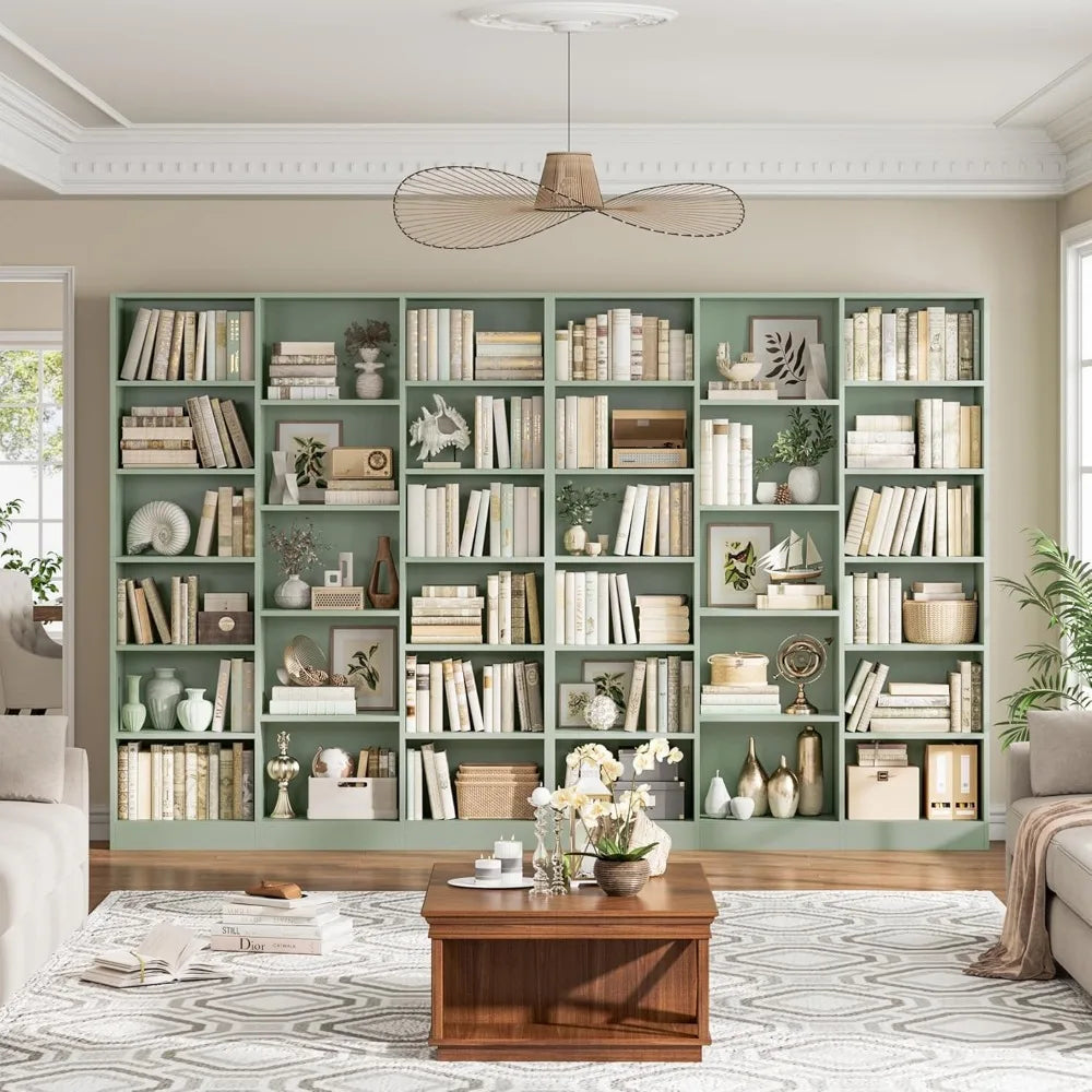 Triple Wide Six Tier Bookshelf 74 Inches Tall Seventeen Open Display Shelves for Living Room Office Library