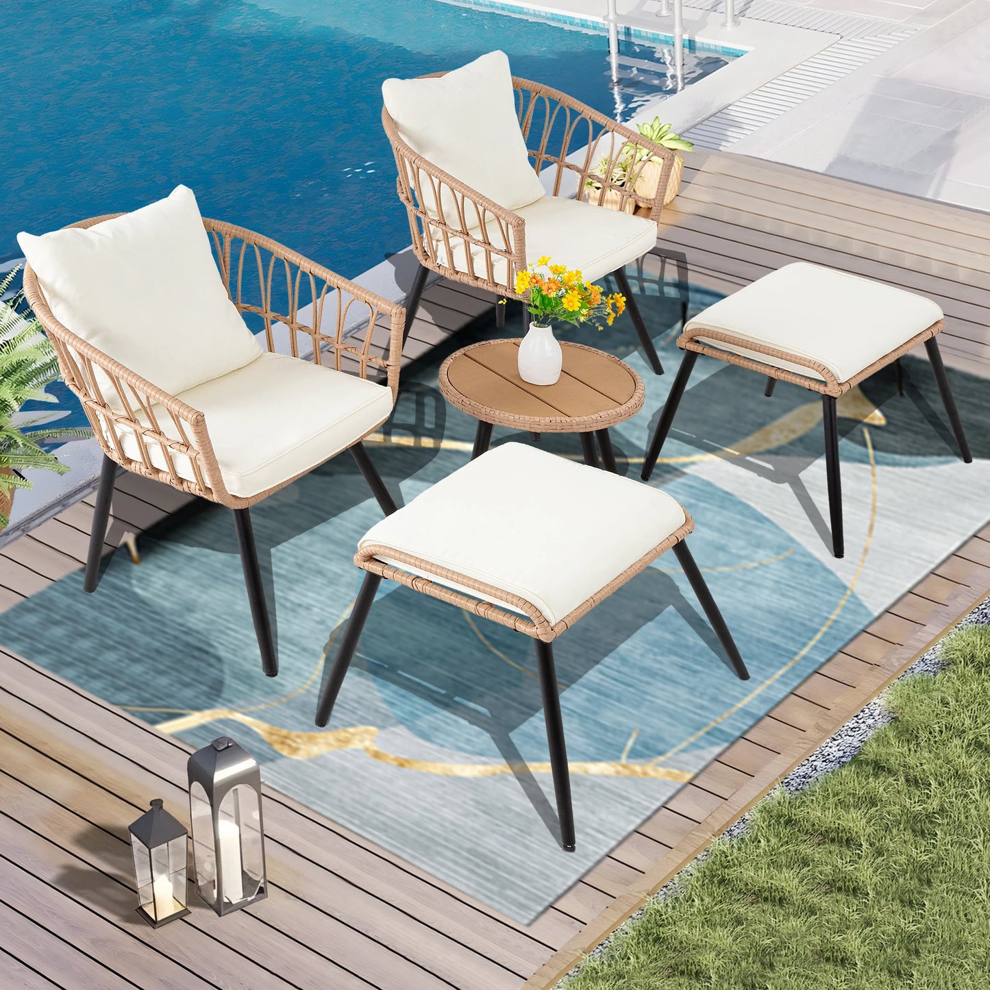 5 Piece Patio Furniture Set, Outdoor Wicker Small Conversation Bistro Set.