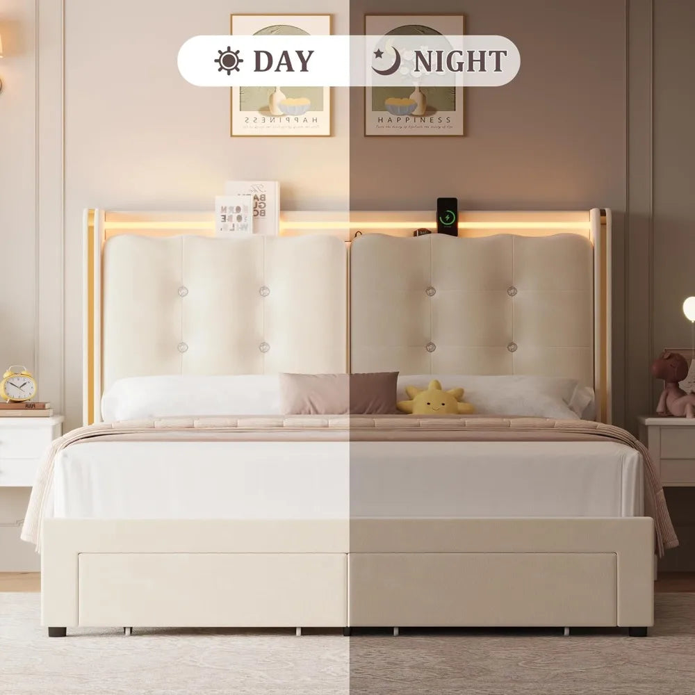 Upholstered Full Led Bed Frame with Charging Station and Storage Drawers Velvet Princess.