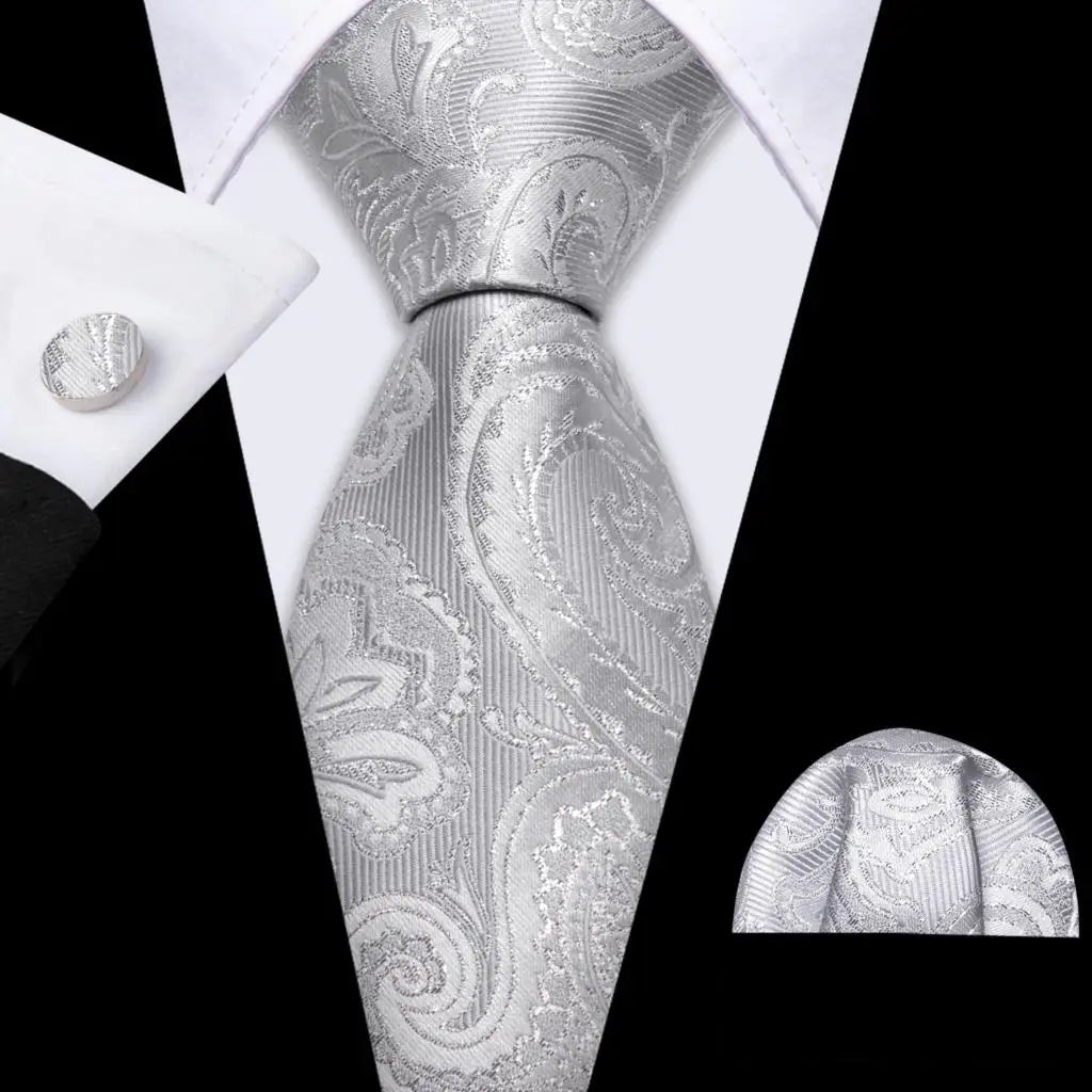 Black White Gray Silver Men Tie Handkerchief Cufflinks Set.