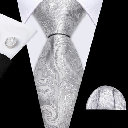 Black White Gray Silver Men Tie Handkerchief Cufflinks Set.